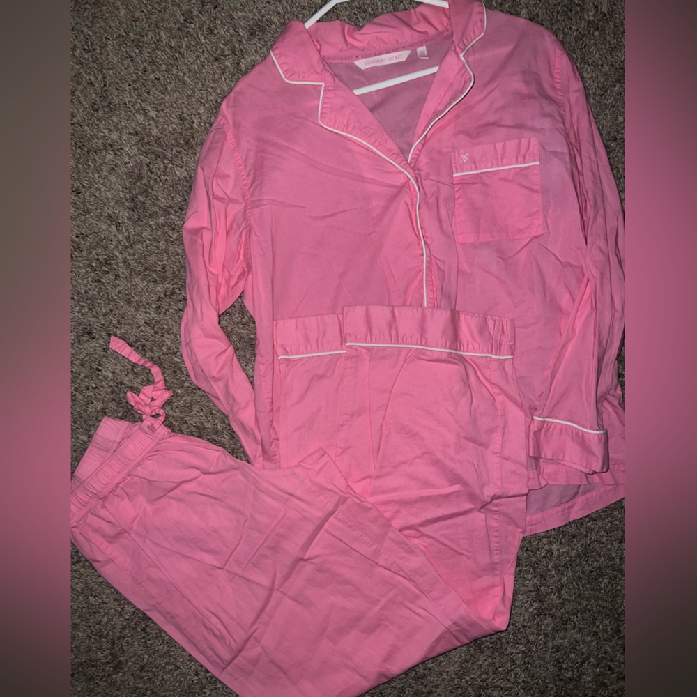 Pink Victoria’s Secret Pajama Set Logo Collared Button Up Small